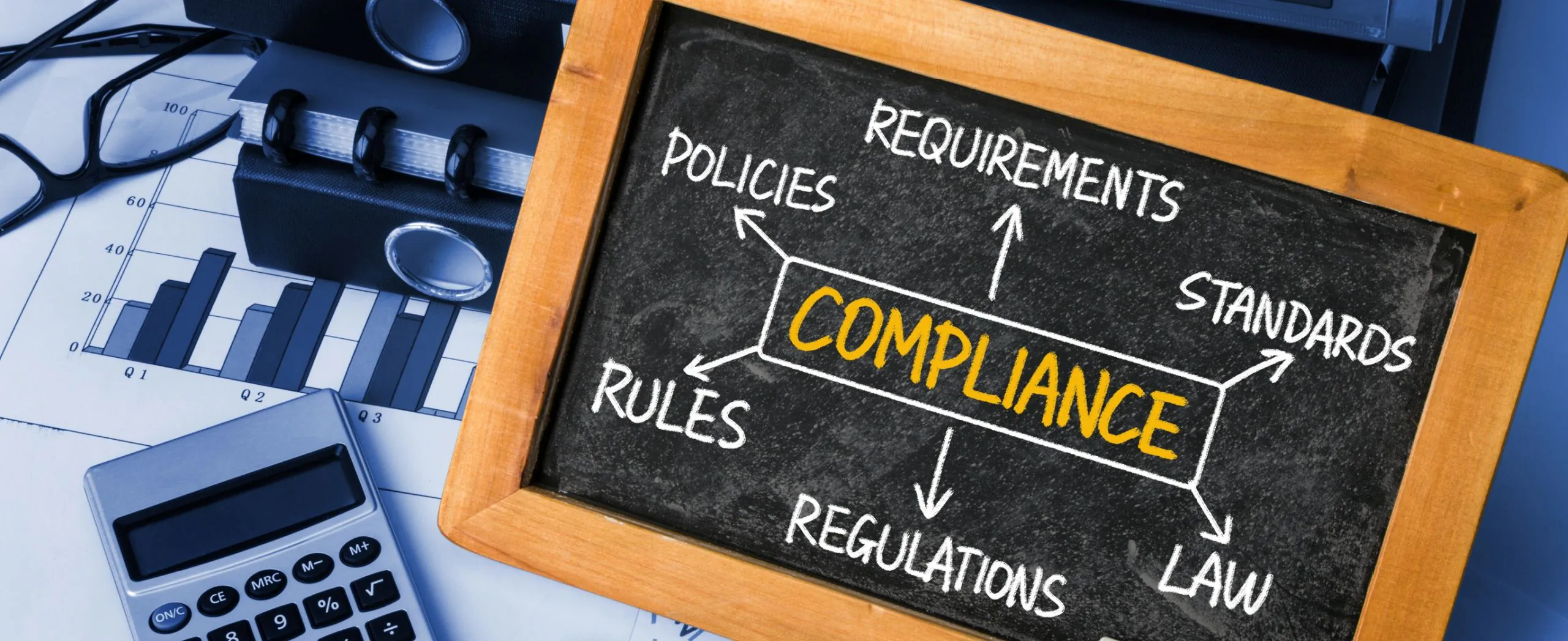 Chalkboard with “COMPLIANCE” written in yellow, surrounded by arrows pointing to related terms including policies, rules, regulations, law, standards, and requirements.